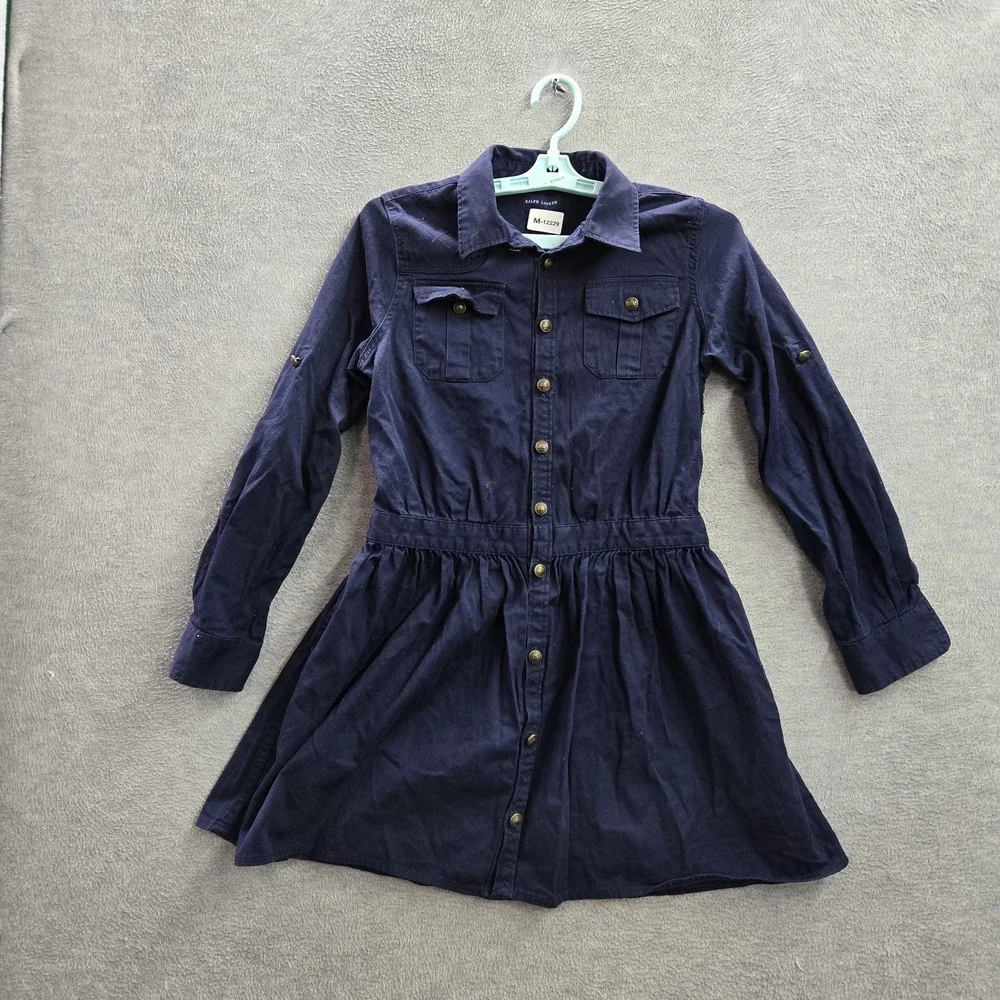 Ralph Lauren Girls Dress 14 Blue Knee Length Shirt Twill A Line Button Up Collar